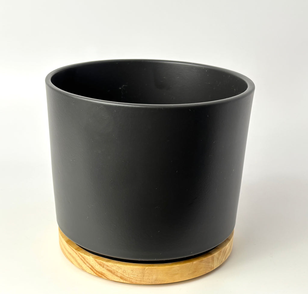 Black Oslo 6-inch planter with a wood-grain base on a light background