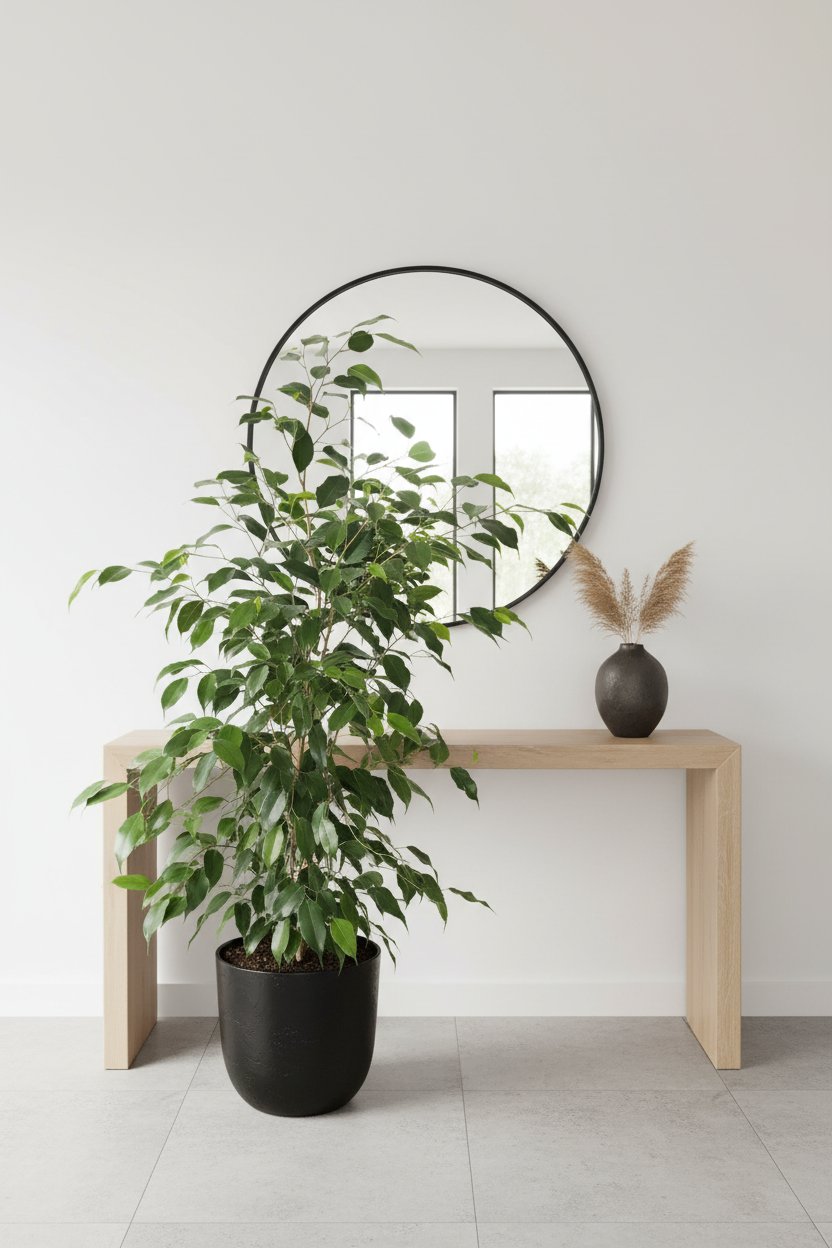 A potted Ficus benjamina houseplant with glossy green leaves, shown in a dark green plastic pot against a plain white background.