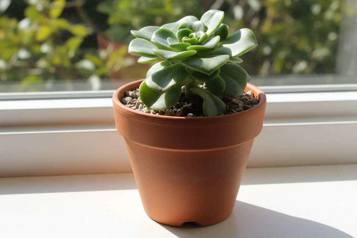 Green lily pad succulent plant in a pot on a sunny windowsill