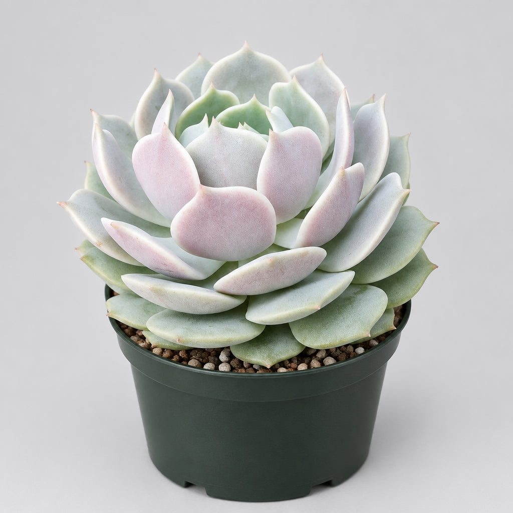 echeveria Lola succulent plant in green plastic grow pot against a light white background