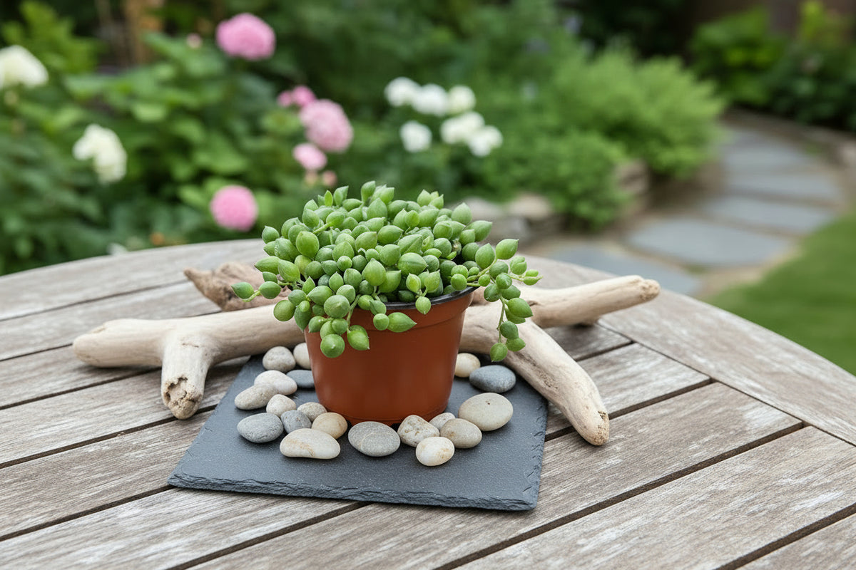 Potted string of raindrops  plant with small green leaves on a patio