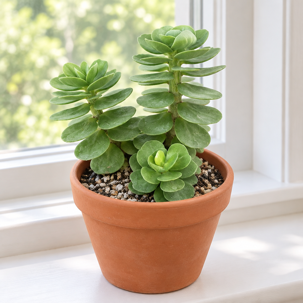 Portulaca molokiniensis in a terracotta pot on an indoor windowsill