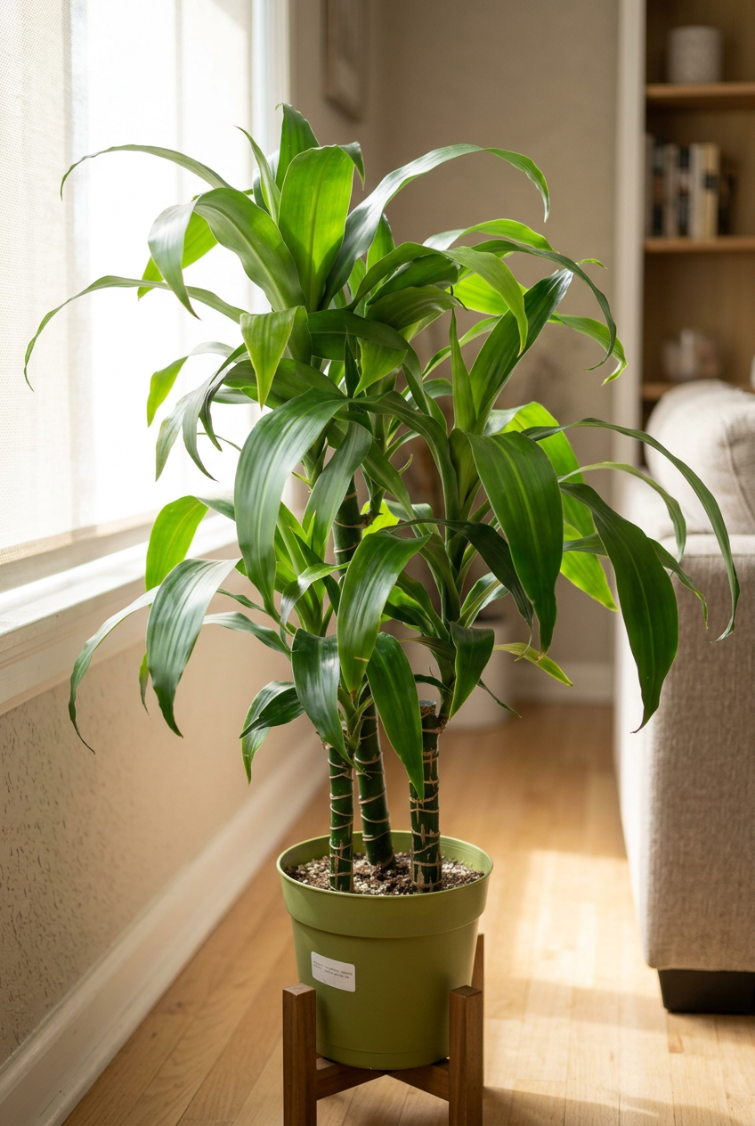 Dracaena Black Beauty XL with three plants in one 8-inch grow pot beside a bright indoor window; stand and furnishings not included.