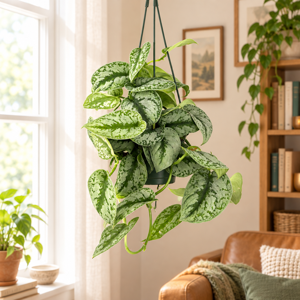 Silver Splash pothos hanging beside a bright indoor window