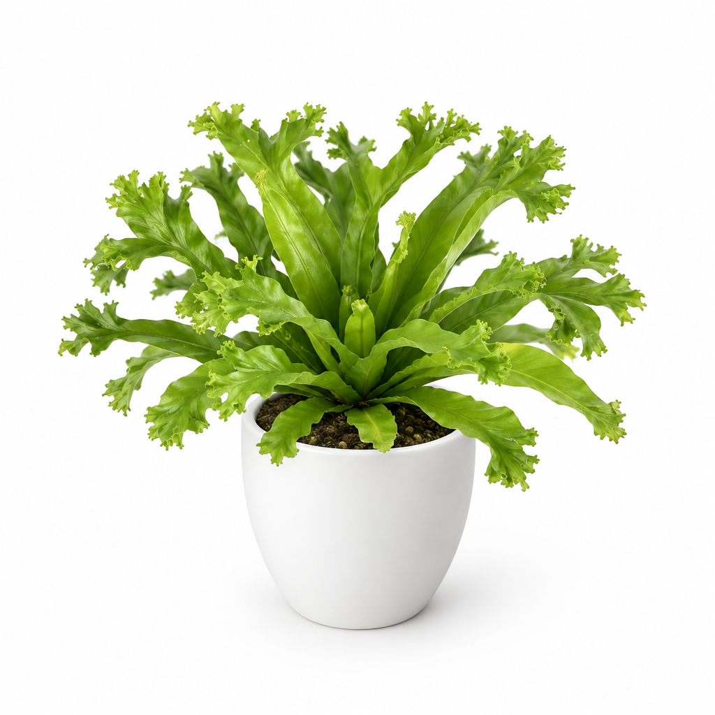 Crissie bird’s nest fern styled in separately sold white Basel planter on white