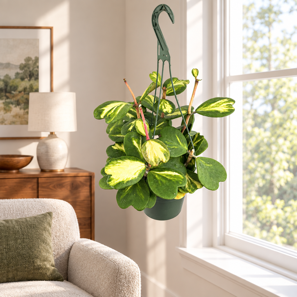 Reverse-variegated Hoya kerrii hanging in a furnished living room near a window