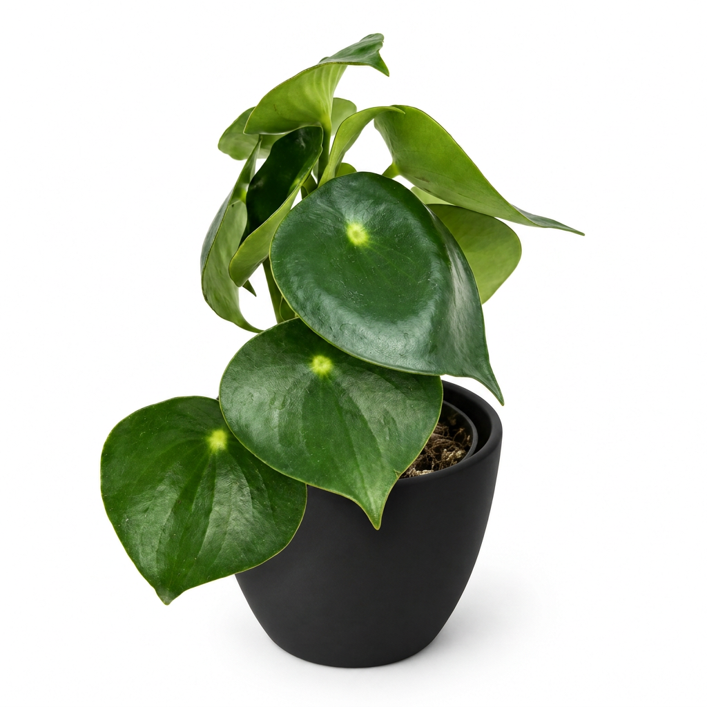 Young Peperomia Owl Eye with glossy green raindrop-shaped leaves styled in a black BASEL 4.7-inch planter; decorative planter sold separately, plant ships in a 4-inch nursery grow pot