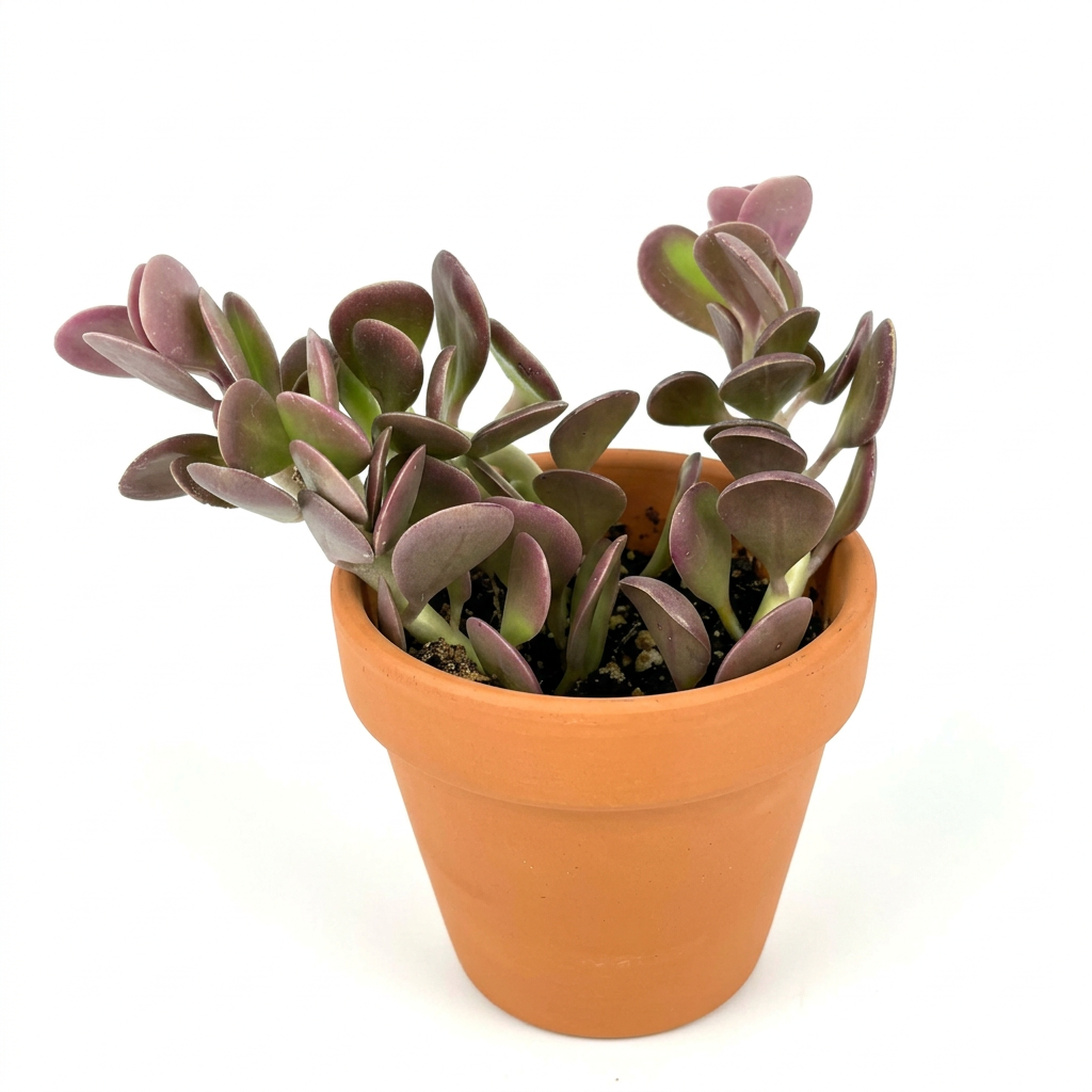 Trailing Jade succulent styled in a warm terracotta pot on a white background; decorative pot not included