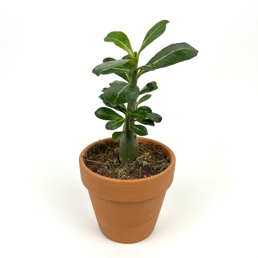 Young Desert Rose styled in a taller terracotta pot on a pure white background; decorative pot sold separately.