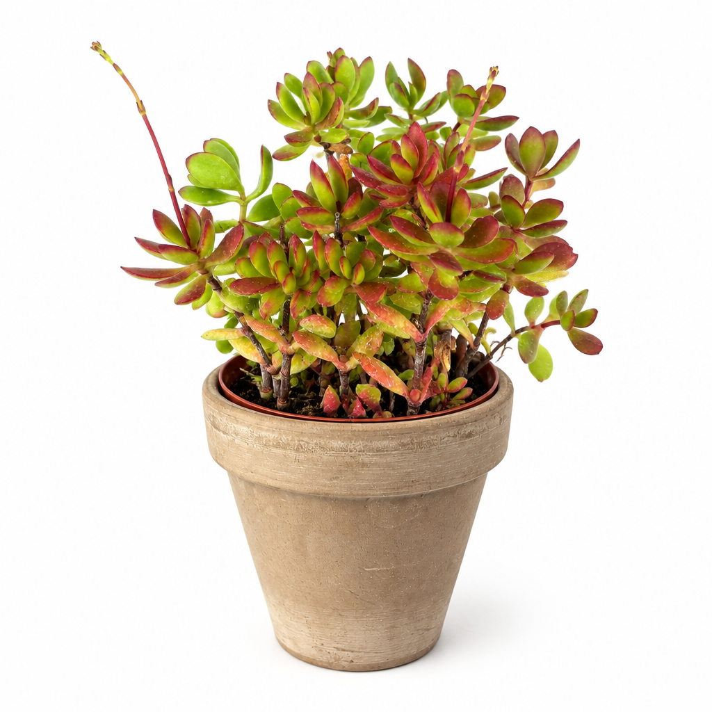 Crassula Red Carpet succulent with green and red clustered leaves in a muted taupe terracotta pot on white
