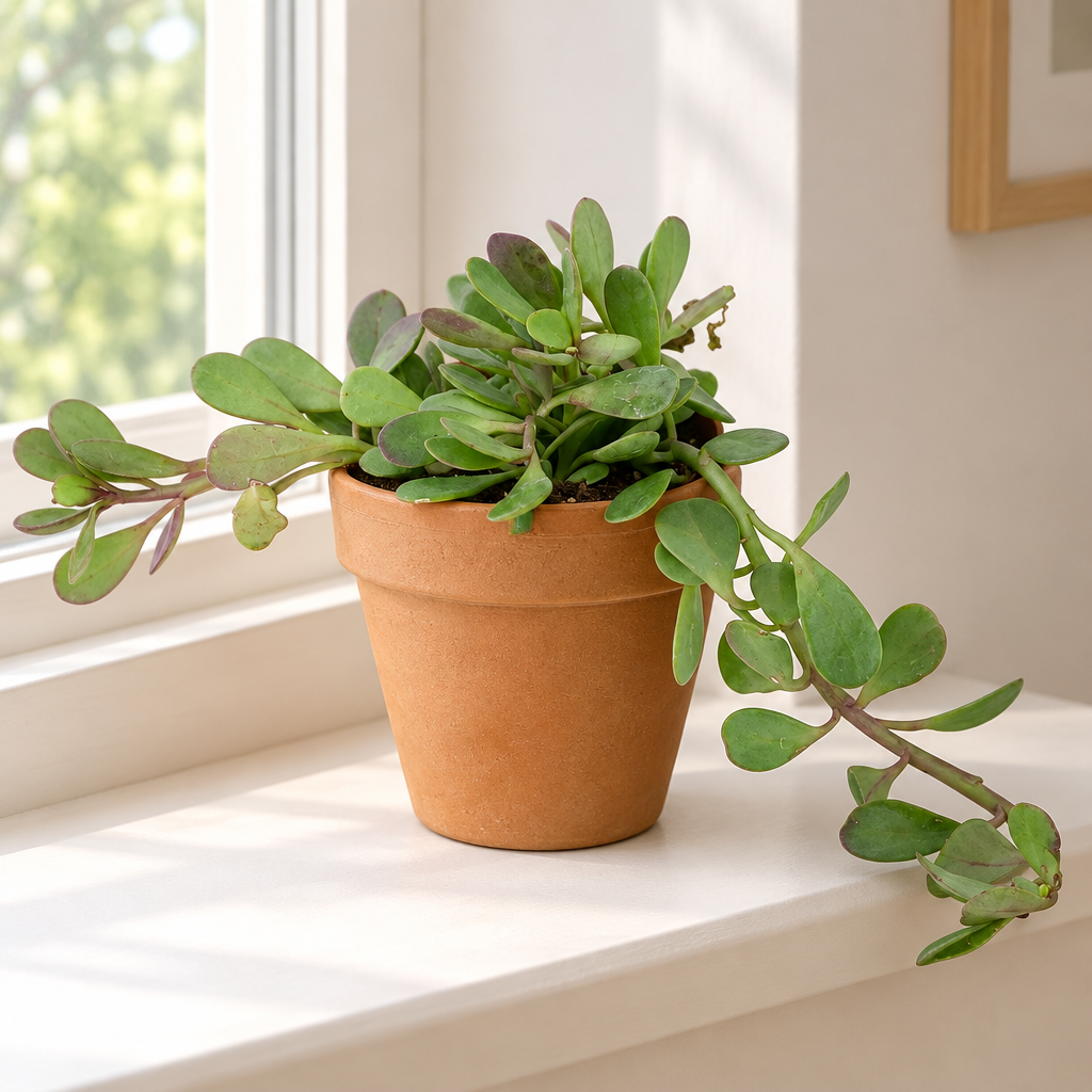 Purple Trailing Jade planted directly in orange terracotta on a bright indoor windowsill with trailing stems