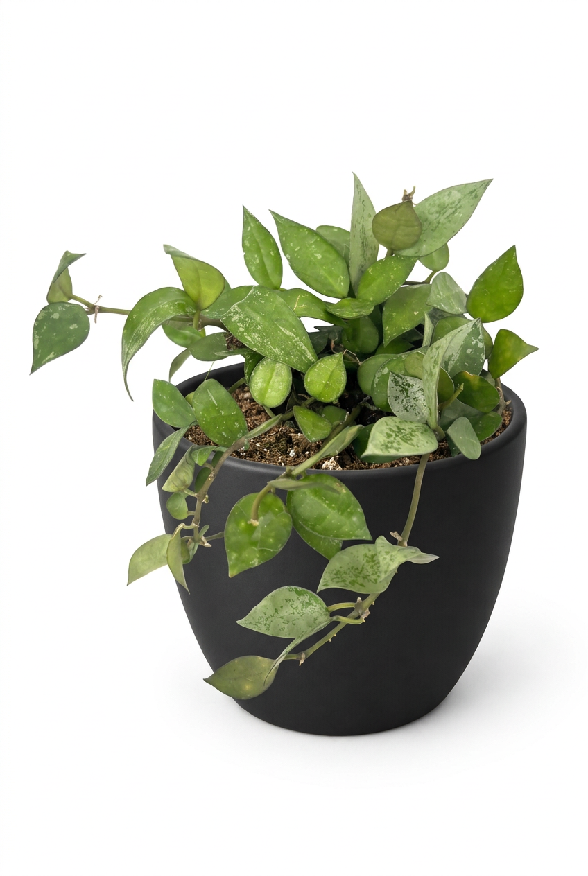 Hoya Eskimo styled in a black BASEL 4.7-inch planter on white; decorative planter sold separately.