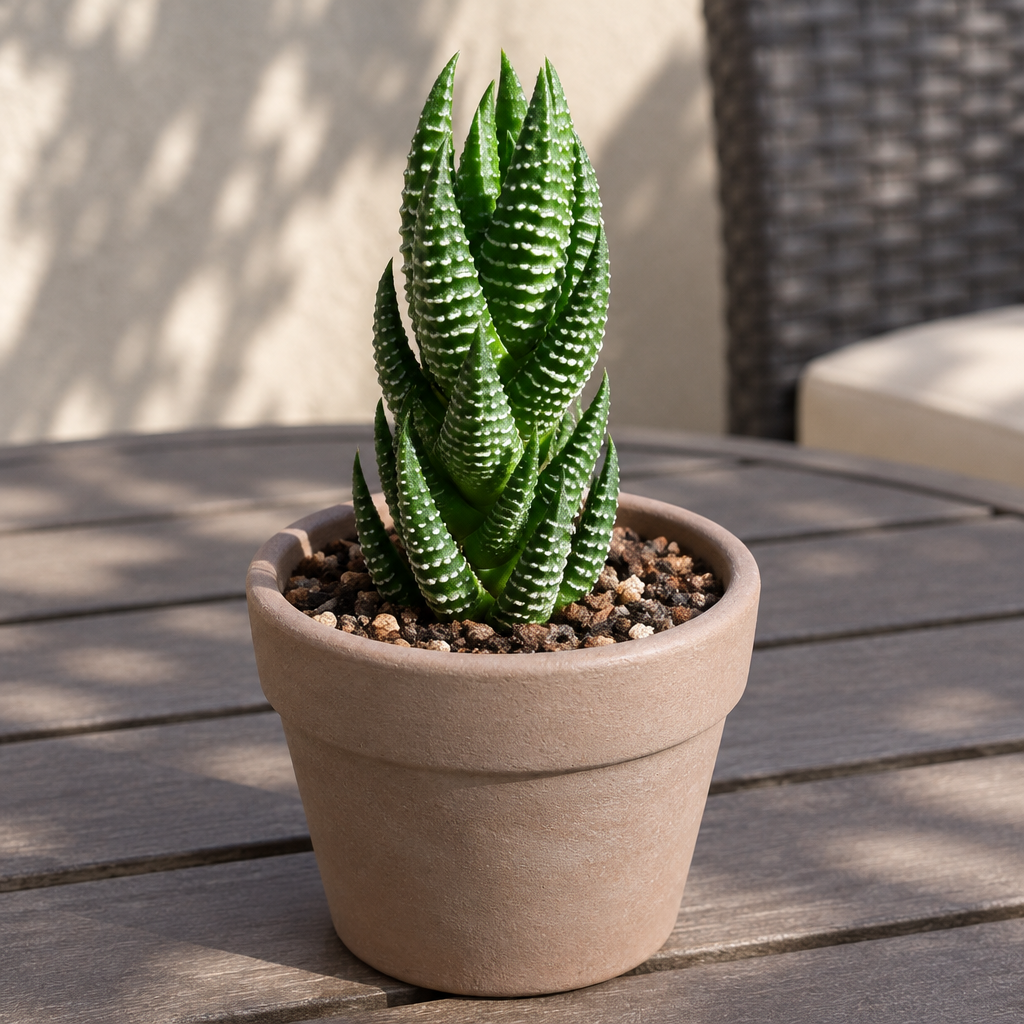Haworthia reinwardtii in taupe terracotta on a shaded patio table