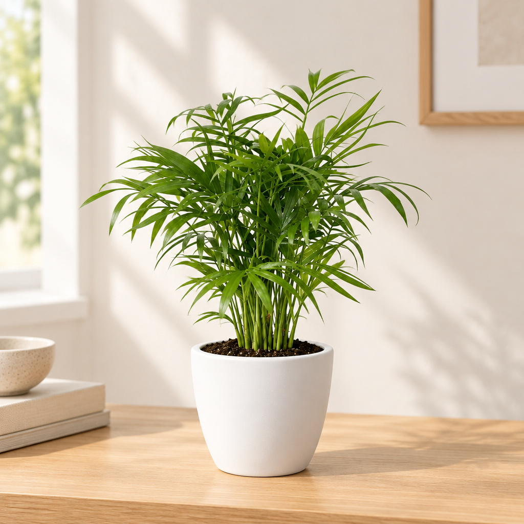 Parlor Palm styled in white Basel 4.7-inch planter indoors; planter sold separately
