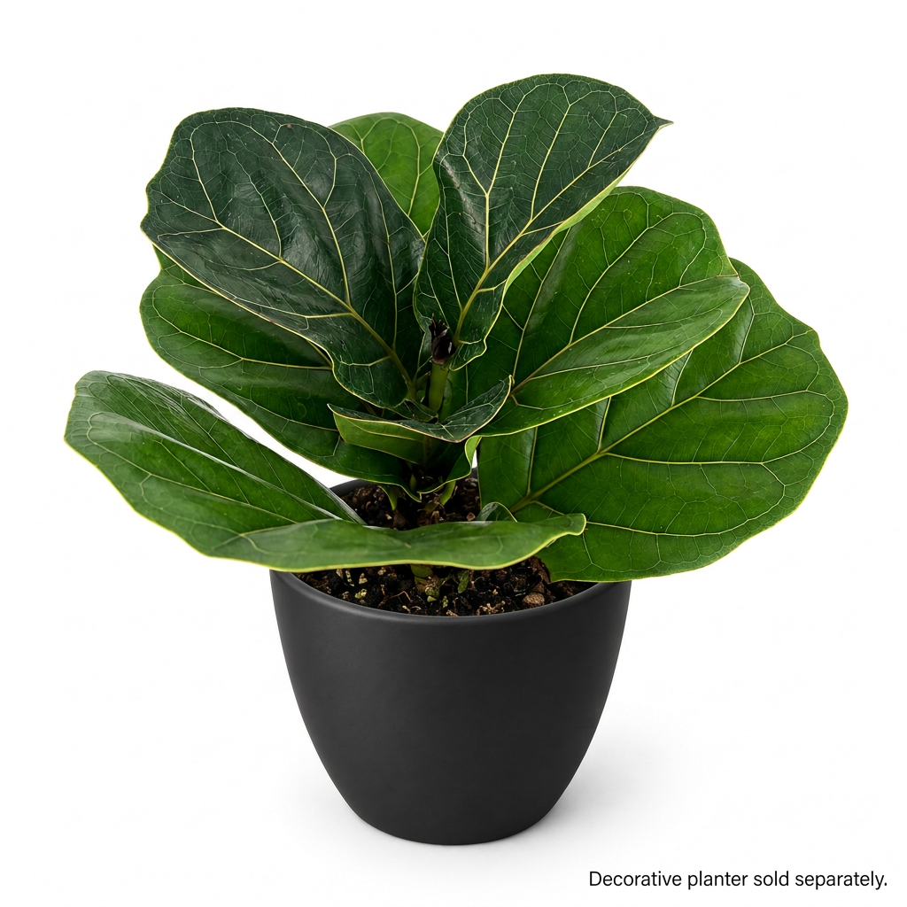Young Ficus lyrata Bambino with dark green fiddle-shaped leaves styled in a black BASEL 4.7-inch planter on a white background; decorative planter sold separately