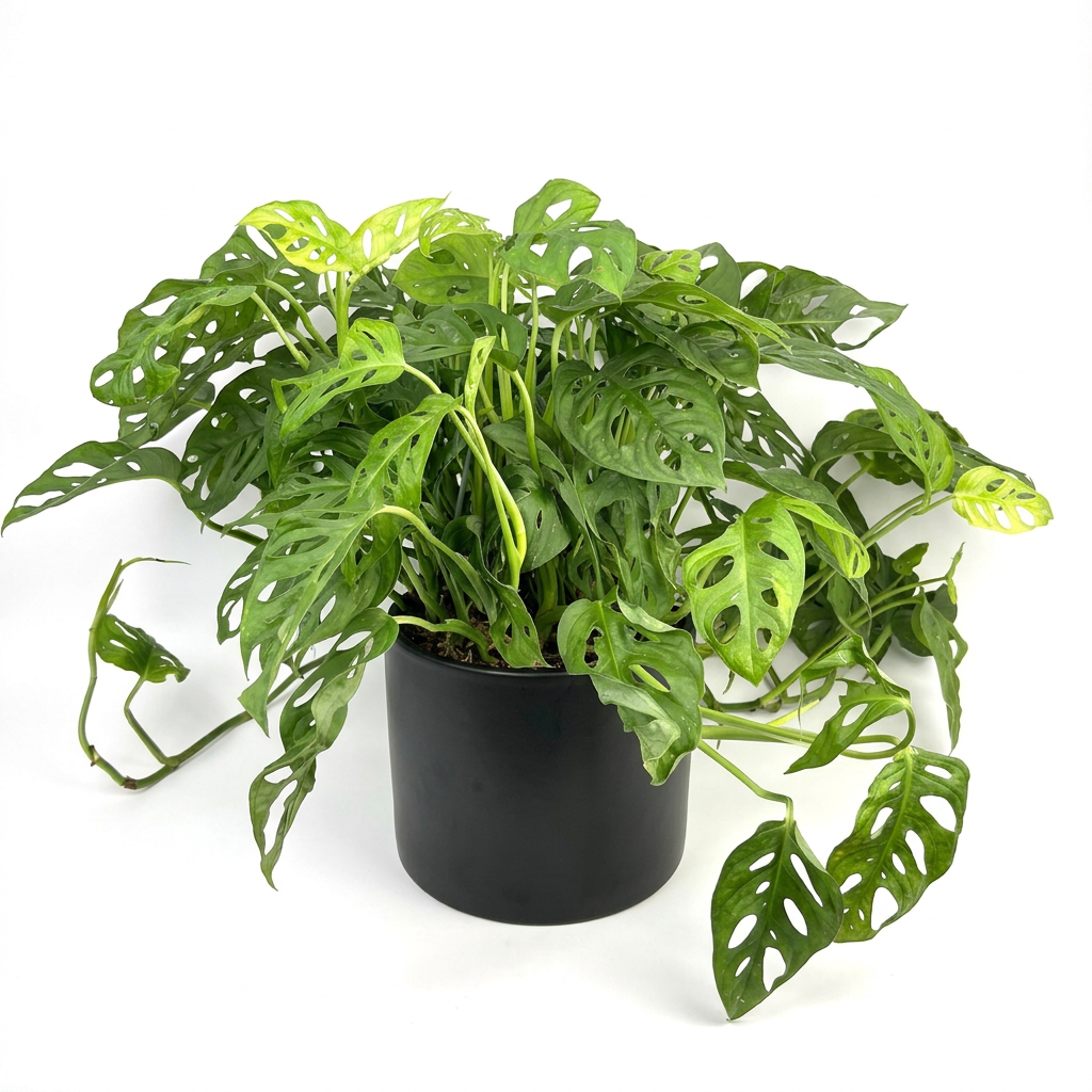 Jumbo Monstera adansonii styled in a black ceramic cover pot on a pure white background; decorative pot sold separately.