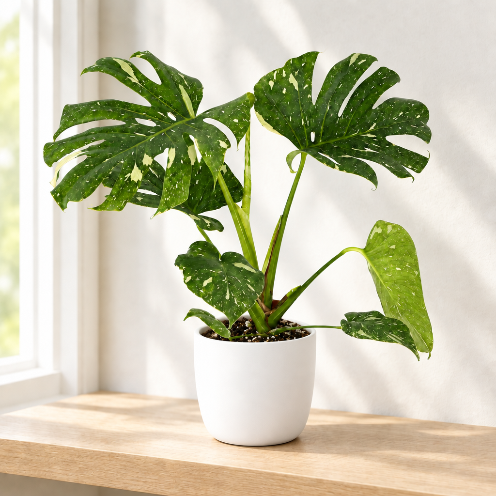 Thai Constellation Monstera styled in a separately sold white Basel planter on a sunlit indoor shelf