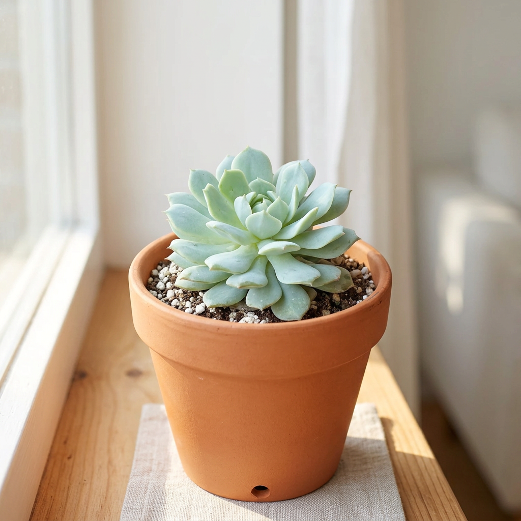 Echeveria Painted Lady styled in a terracotta pot on a sunny indoor windowsill; decorative pot sold separately.