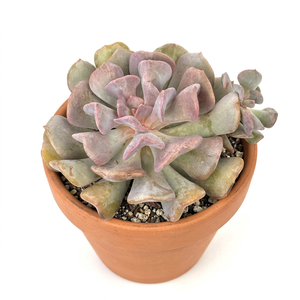 Echeveria Cubic Frost styled in a terracotta pot against a white studio background; decorative pot sold separately