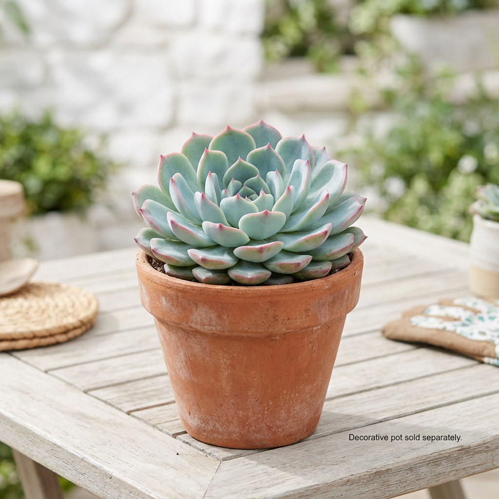 Echeveria Minima Bella styled on a bright outdoor patio in a terracotta pot; decorative pot sold separately
