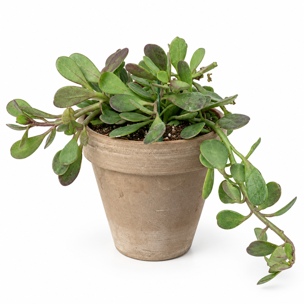 Purple Trailing Jade planted directly in muted taupe terracotta with trailing fleshy green leaves on white