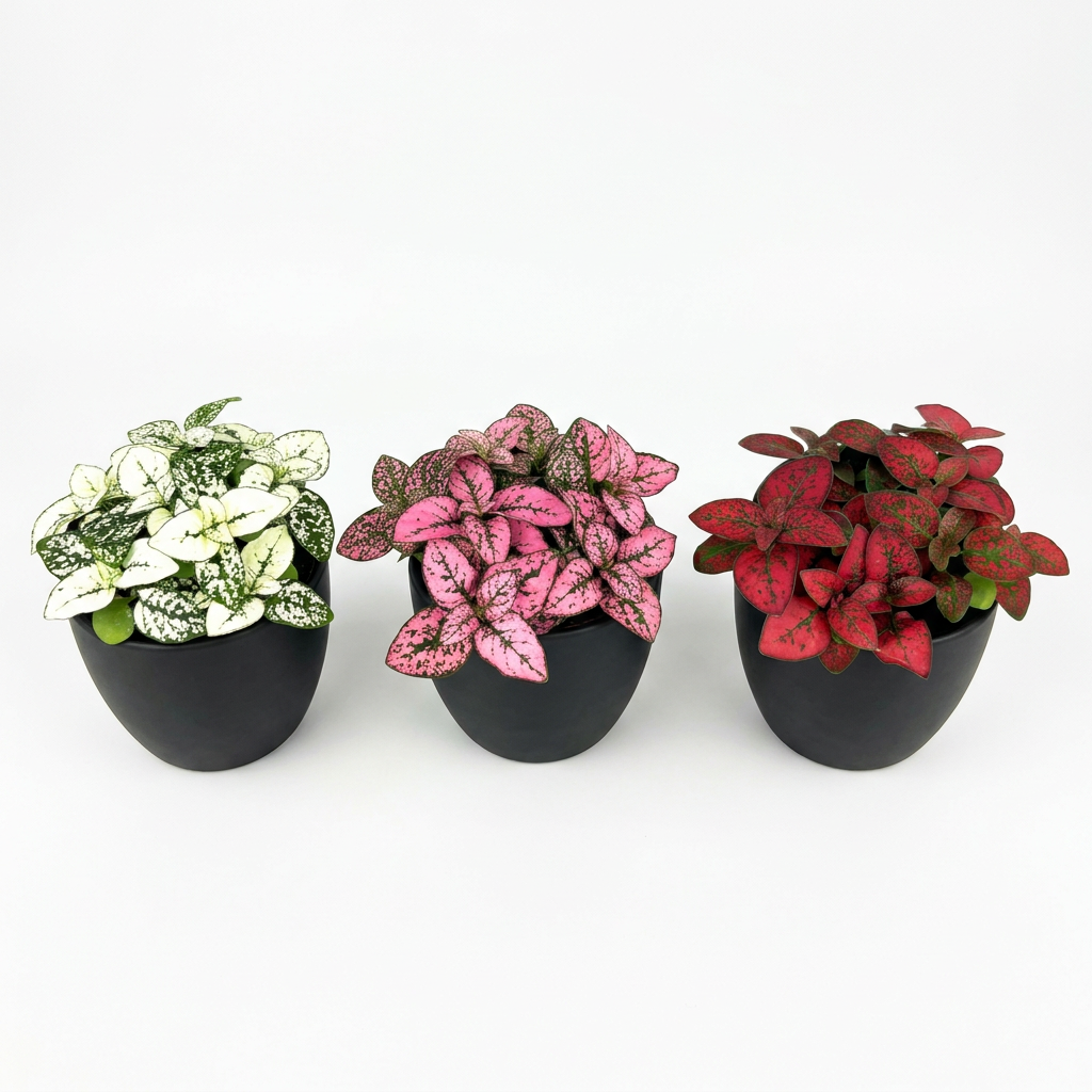 White, pink and red Hypoestes Splash trio in three separate black BASEL 4.7-inch planters on white; planters sold separately, each plant ships in a 3.5-inch nursery grow pot