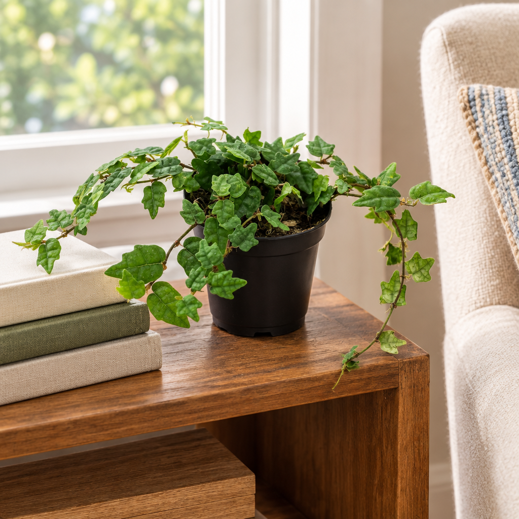 String of Frogs in its 3.5-inch nursery grow pot on a furnished room side shelf