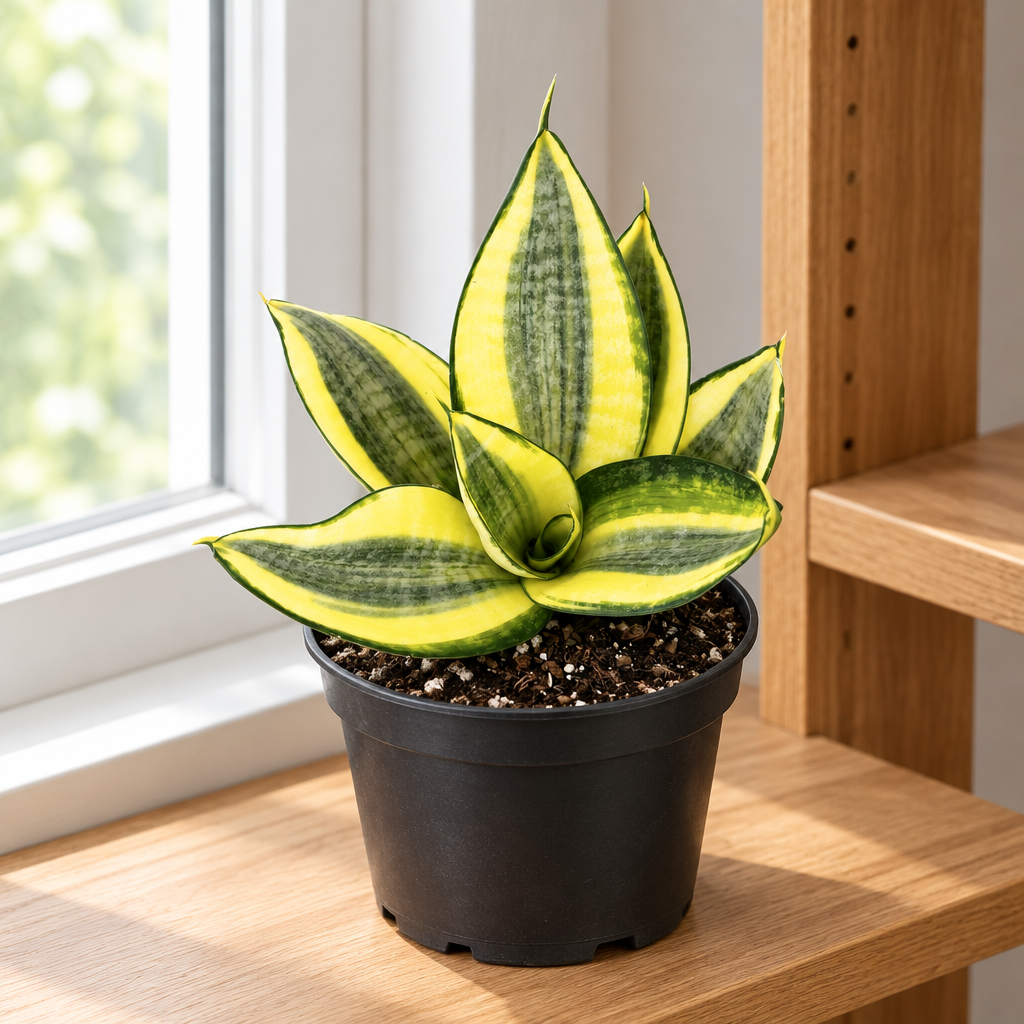Compact Hahnii Gold Star snake plant in nursery pot on indoor shelf