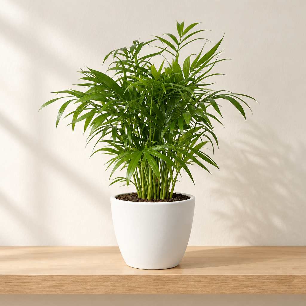 White Basel 4.7-inch planter styled with a parlor palm on a shelf; plant sold separately