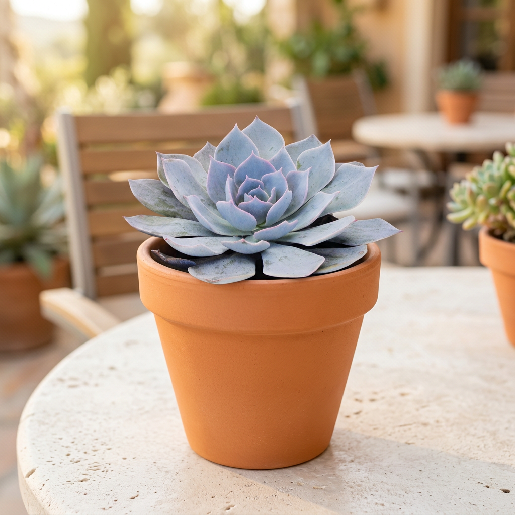 Blue Echeveria Peacockii styled in a terracotta pot on an outdoor patio; terracotta pot not included