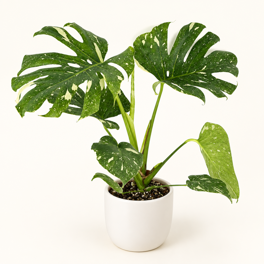 Thai Constellation Monstera styled in a separately sold white Basel 4.7-inch planter against a white background