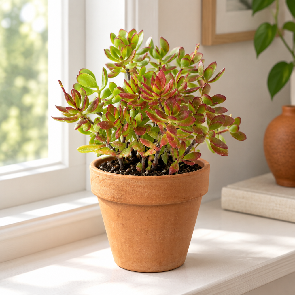 Crassula Red Carpet succulent in warm orange terracotta on a bright indoor windowsill