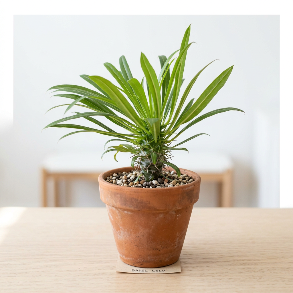 Young Madagascar Palm styled near an indoor window in terracotta; decorative pot sold separately