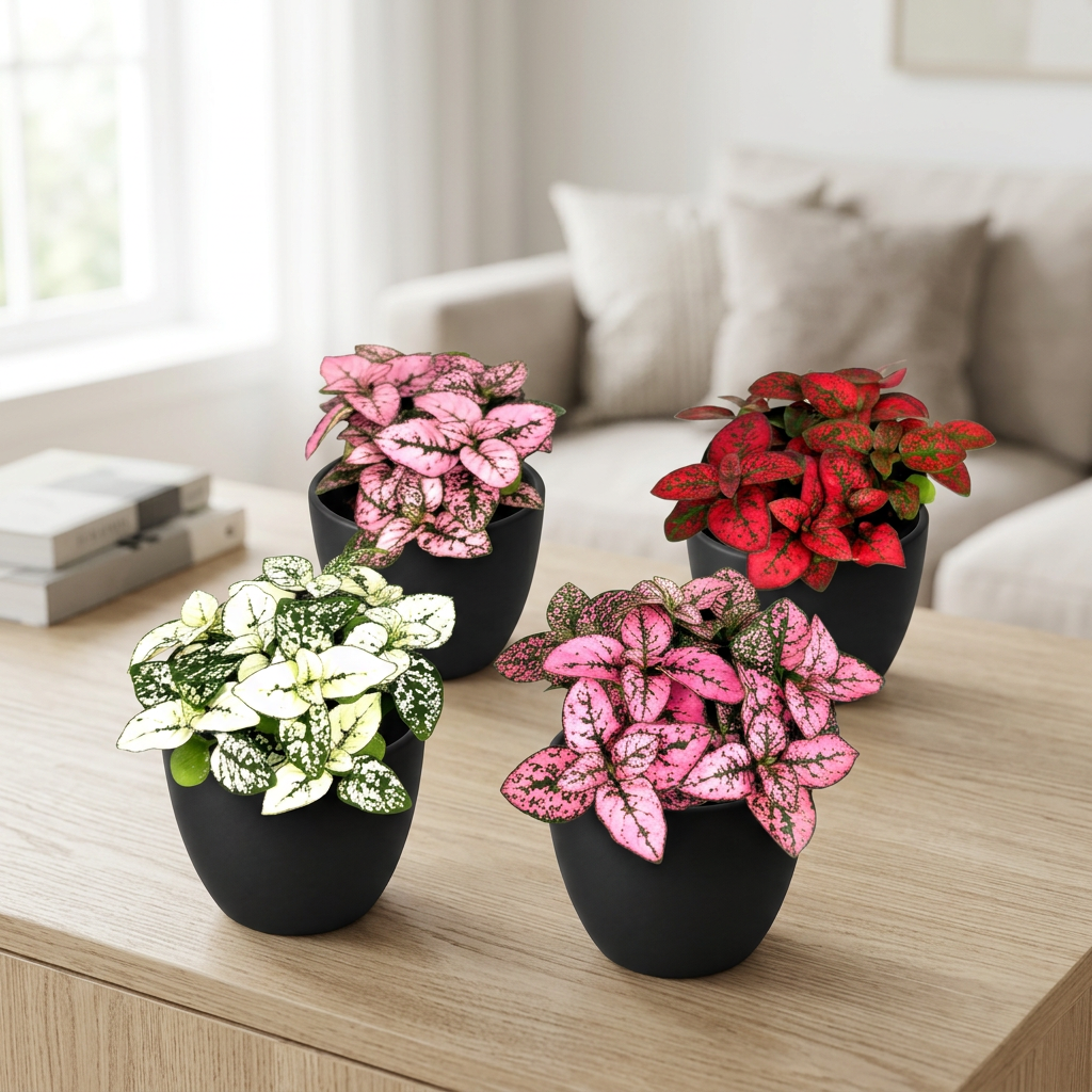 Pink, red, white and rose Hypoestes Splash collection in four black BASEL 4.7-inch planters on a bright living-room console; planters sold separately, each plant ships in a 3.5-inch nursery grow pot, furnishings not included