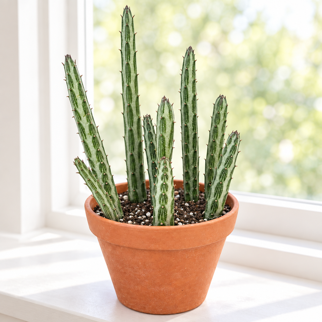 Pickle Plant in a terracotta pot on a bright indoor windowsill