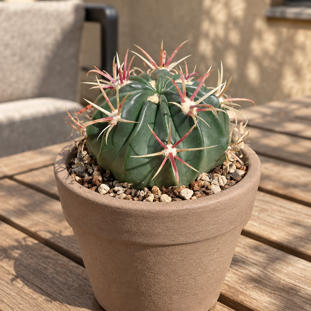 Devil’s Tongue Barrel Cactus in taupe terracotta on a patio table