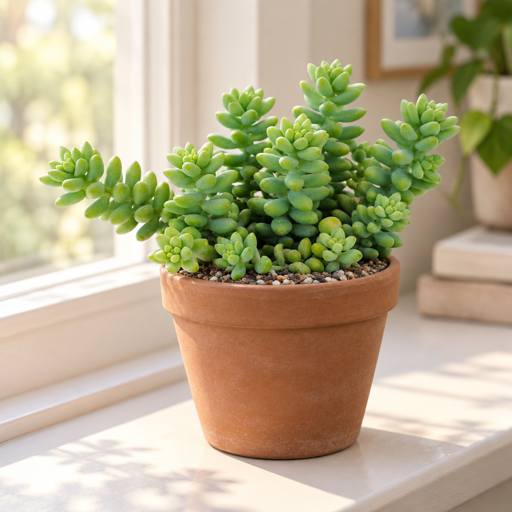 Donkey Tail Sedum resting on a sunny windowsill, decorative terracotta pot not included