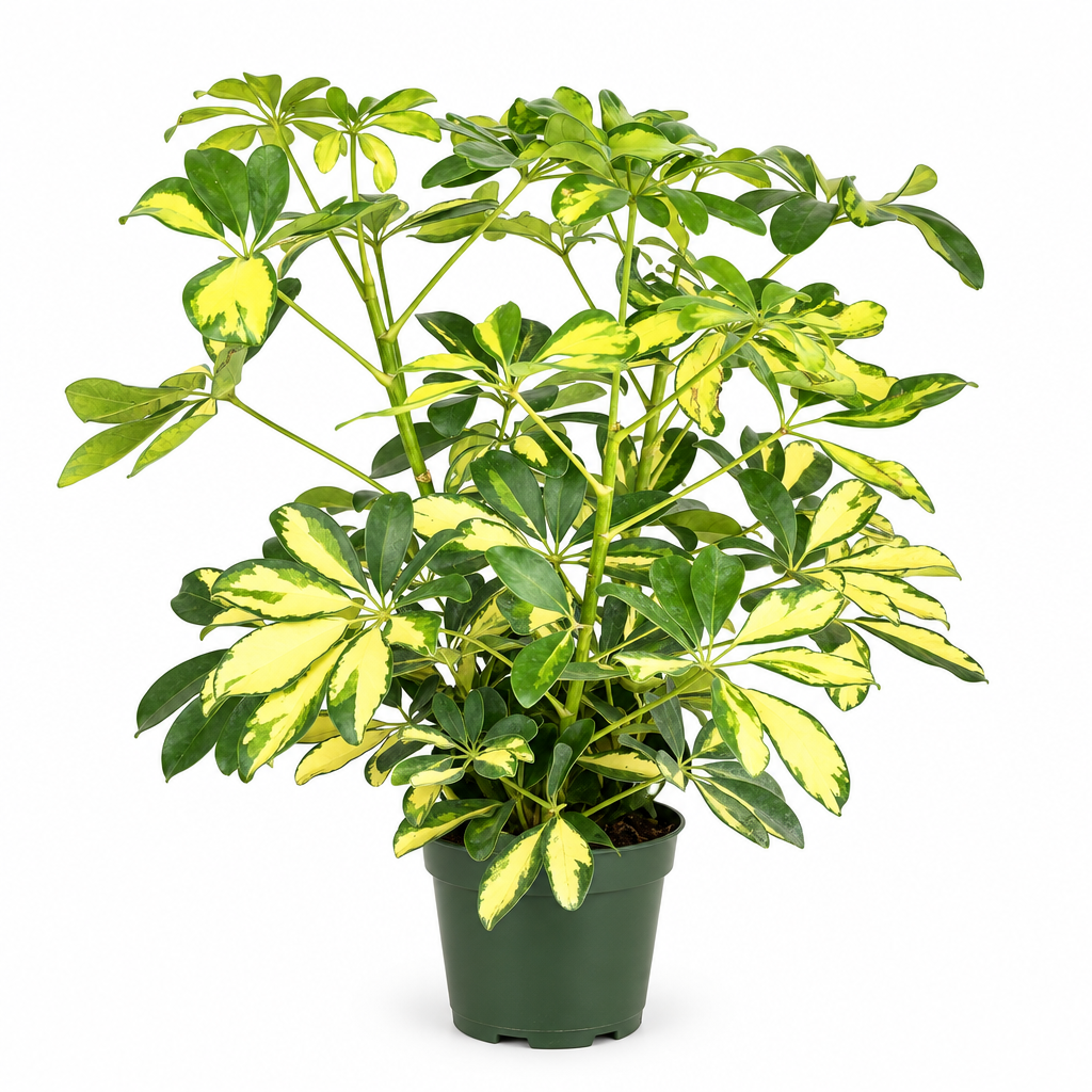 Variegated Gold Umbrella Tree in a nursery grow pot on a white studio background