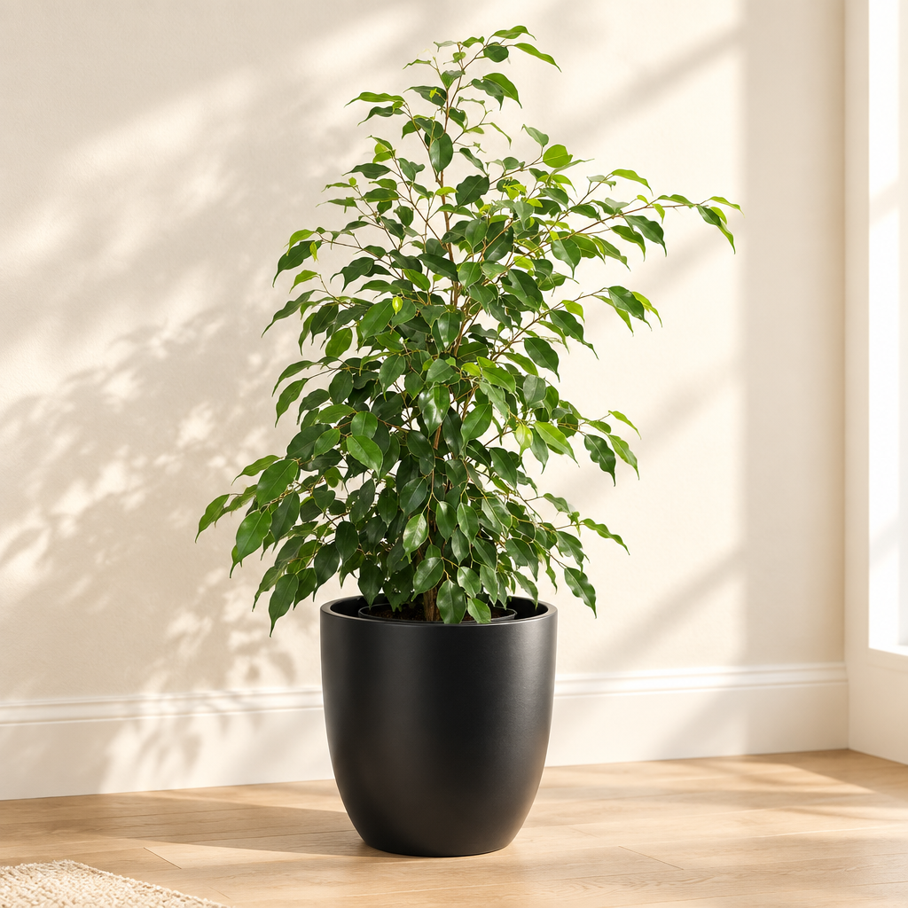 Black Basel 10.6-inch planter styled with an 8-inch Ficus benjamina indoors; plant sold separately