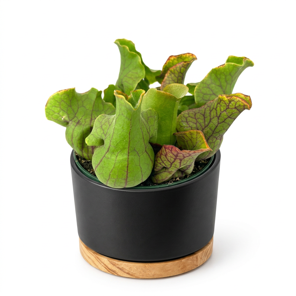 Jumbo Sarracenia pitcher plant styled in a black 6-inch OSLO cover planter with wood-grain base; decorative planter sold separately