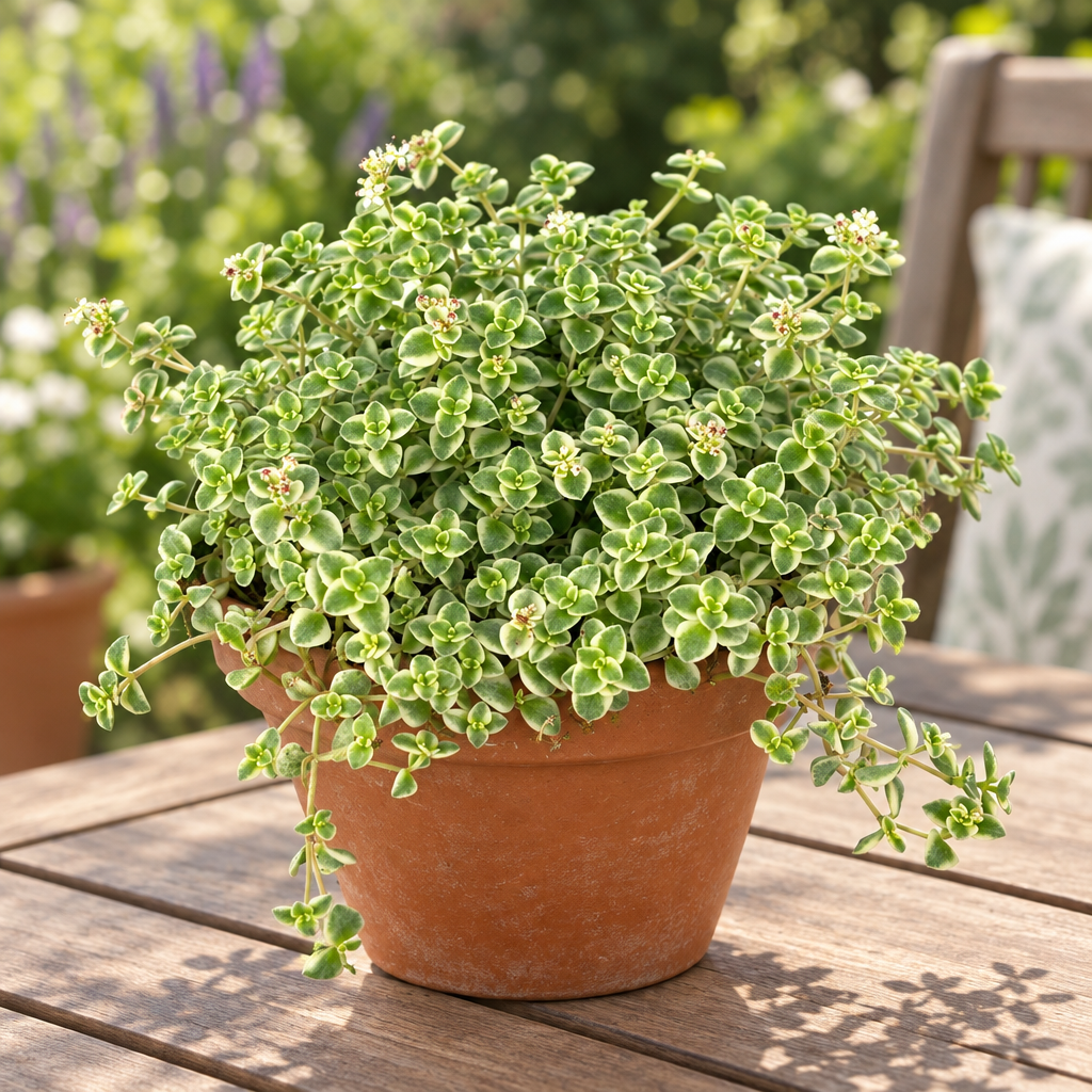 Sedum Little Missy in a terracotta pot on a patio table, decorative pot not included
