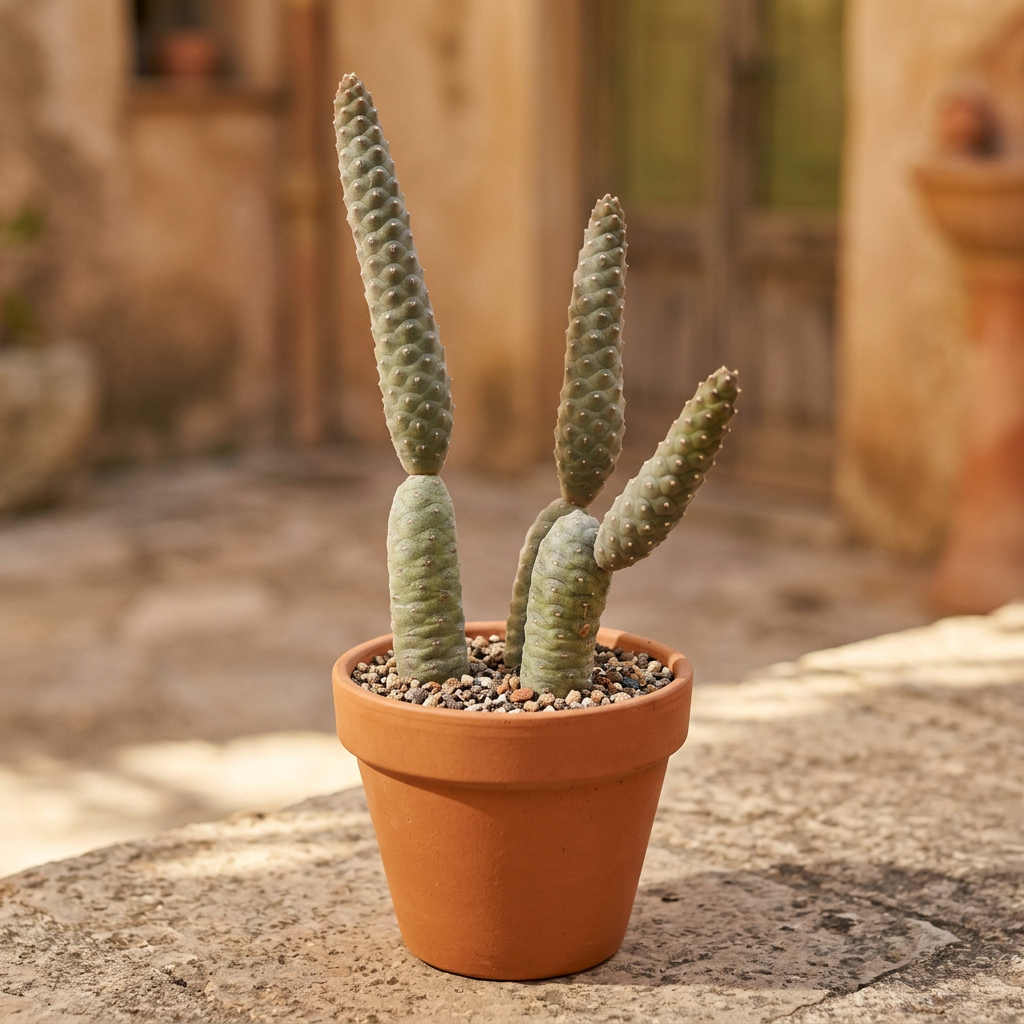 Pinecone Cactus styled in a terracotta pot on an outdoor patio; decorative pot not included with the plant.
