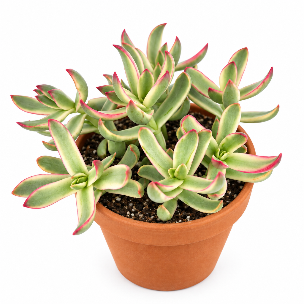Crassula Candy Cane planted directly in a warm terracotta pot on white, with cream-and-green variegated leaves edged in pink