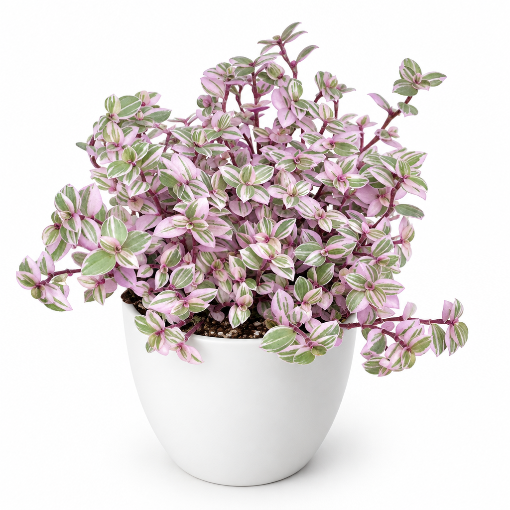 Tradescantia Pink Panther styled in separately sold white Basel planter