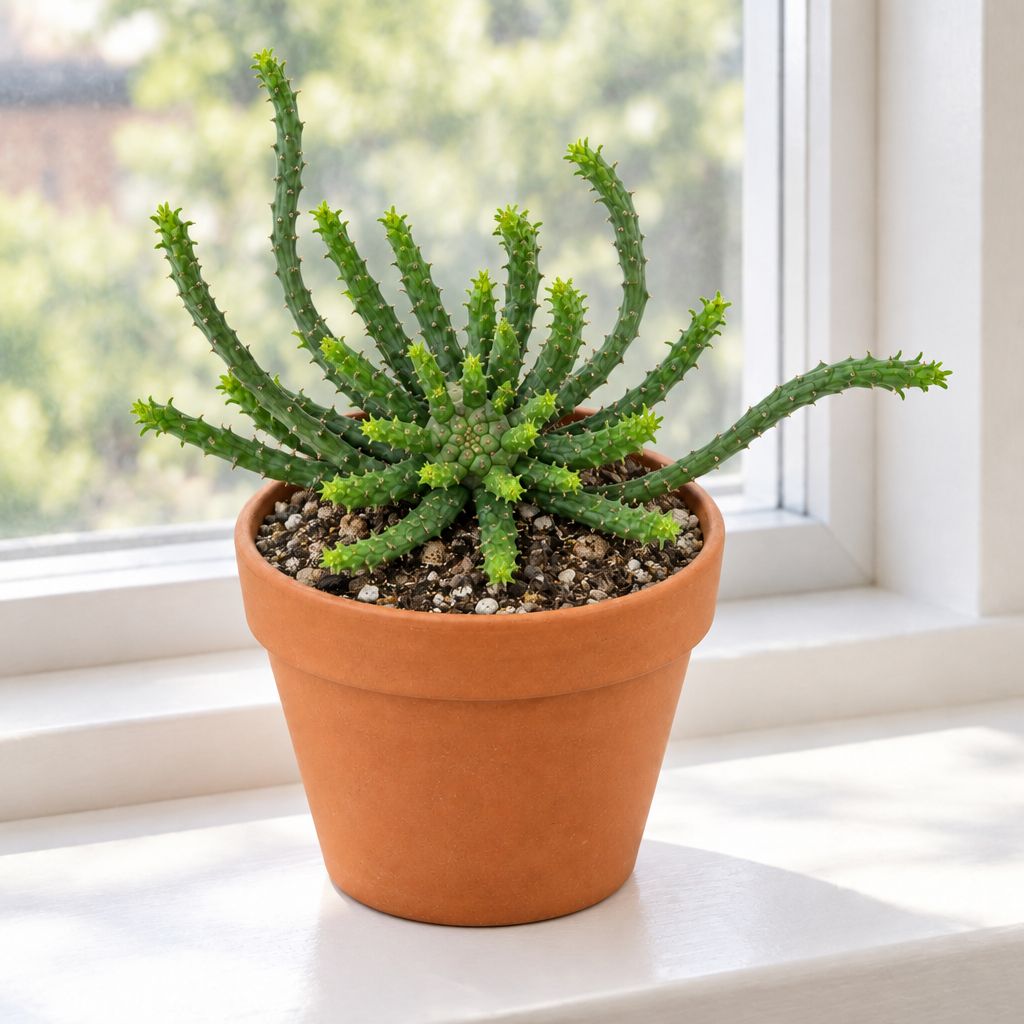 Medusa Head Euphorbia in a regular terracotta pot on a bright windowsill