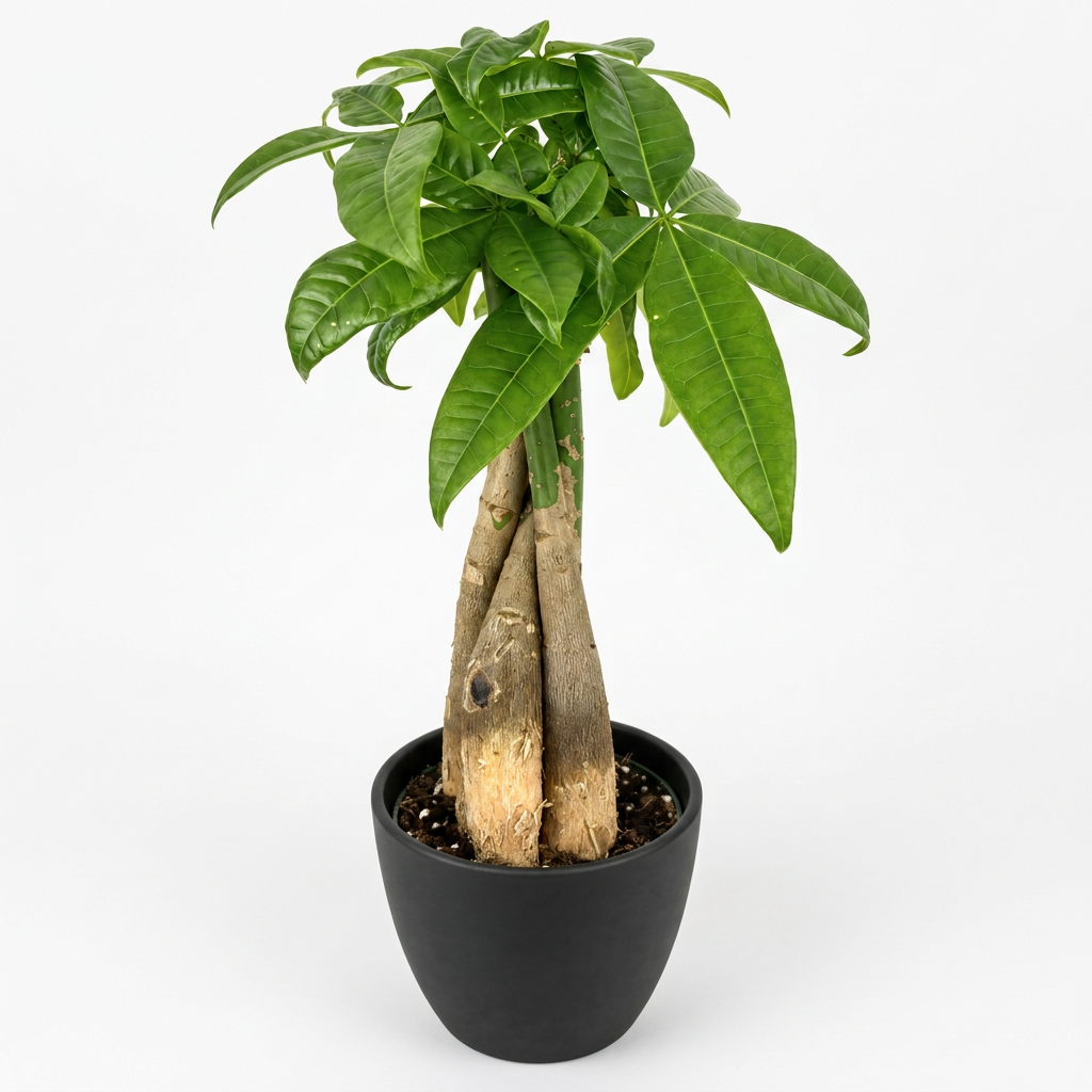 Young braided money tree with loosely joined trunks and green leaflets styled in a black BASEL 4.7-inch planter; decorative planter sold separately, plant ships in a 4-inch nursery grow pot