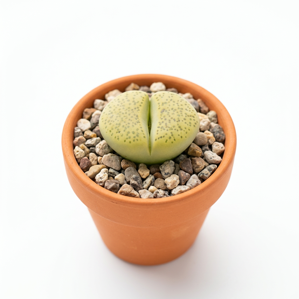 Single Lithops fulviceps Aurea head styled in classic terracotta with mineral gravel on white; decorative pot sold separately.