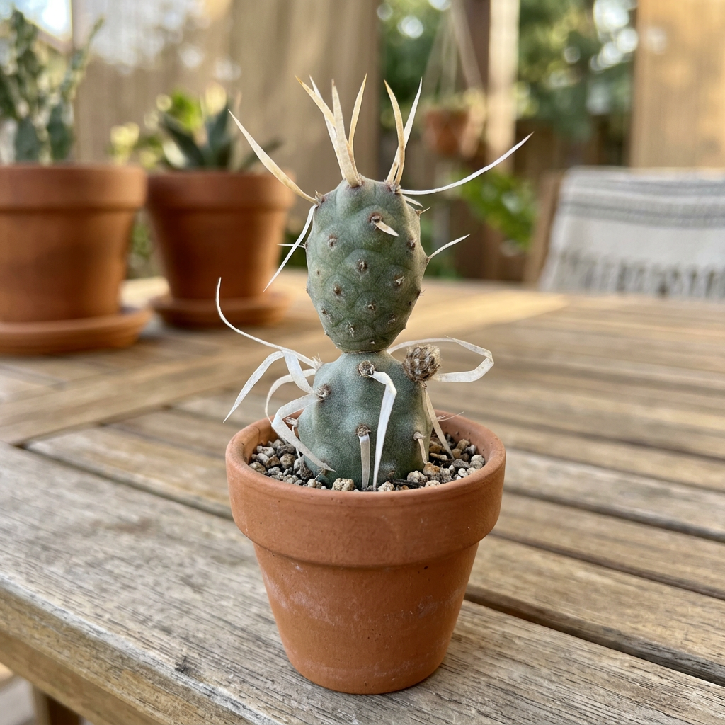 Paper Spine Cactus styled in a small terracotta pot on a sheltered patio table; decorative pot sold separately