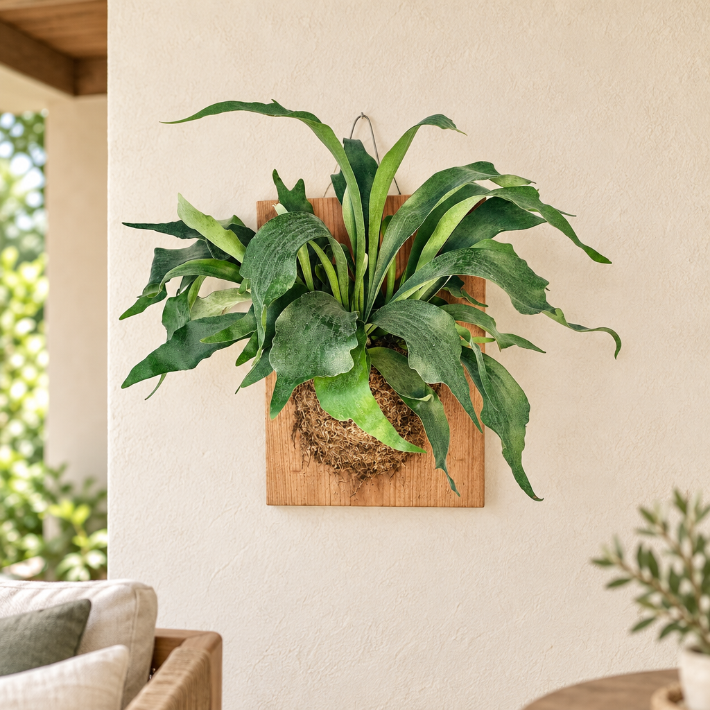 XL mounted Staghorn Fern on a wooden plaque hanging on a sheltered shaded patio wall