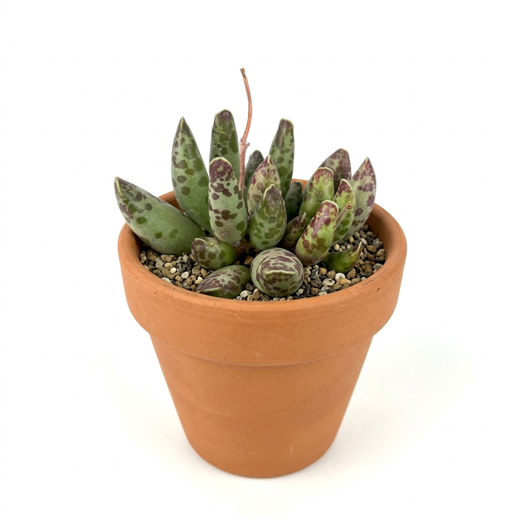 Plover Eggs succulent styled in a terracotta pot against a white studio background; decorative pot sold separately